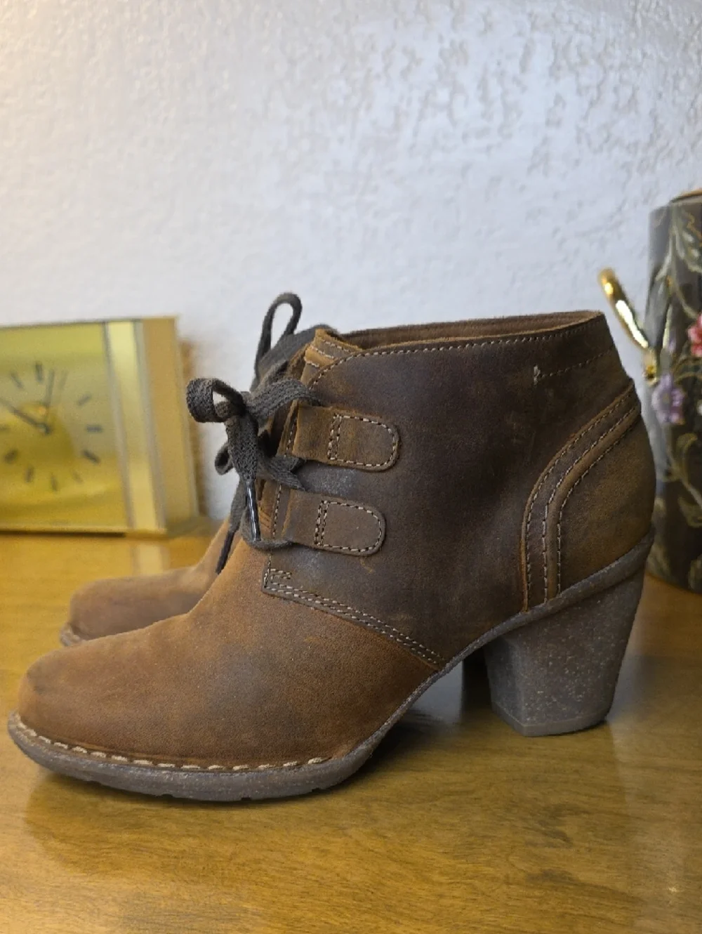 Clarks Brown Suede Lace-Up Ankle Booties with Stacked Heel